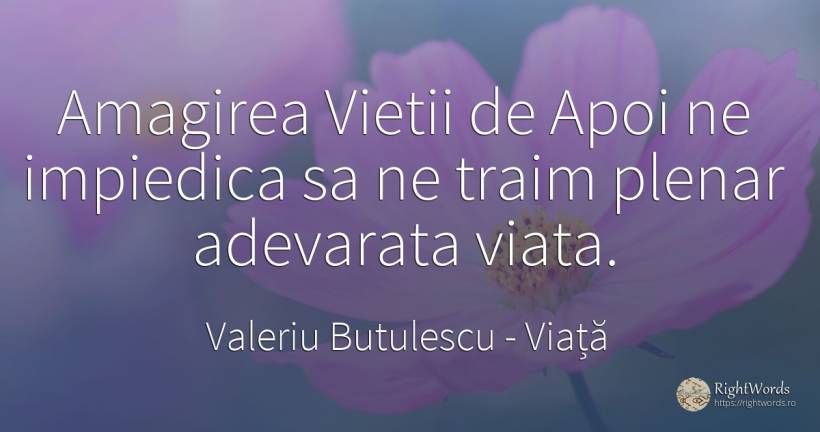 Amagirea Vietii de Apoi ne impiedica sa ne traim plenar... - Valeriu Butulescu, citat despre viață