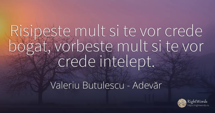 Risipeste mult si te vor crede bogat, vorbeste mult si te... - Valeriu Butulescu, citat despre adevăr, bogăție, vorbire, înțelepciune