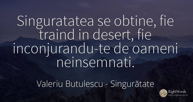 Singuratatea se obtine, fie traind in desert, fie... - Valeriu Butulescu, citat despre singurătate, oameni