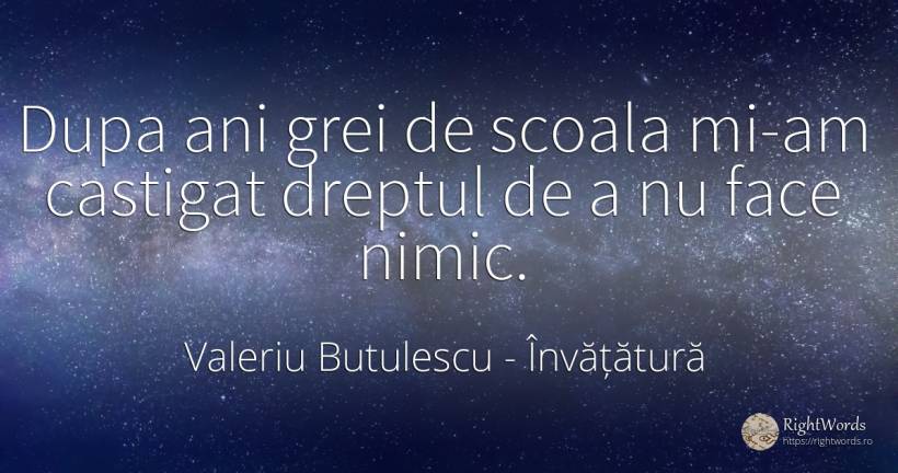 Dupa ani grei de scoala mi-am castigat dreptul de a nu... - Valeriu Butulescu, citat despre învățătură, școală, nimic