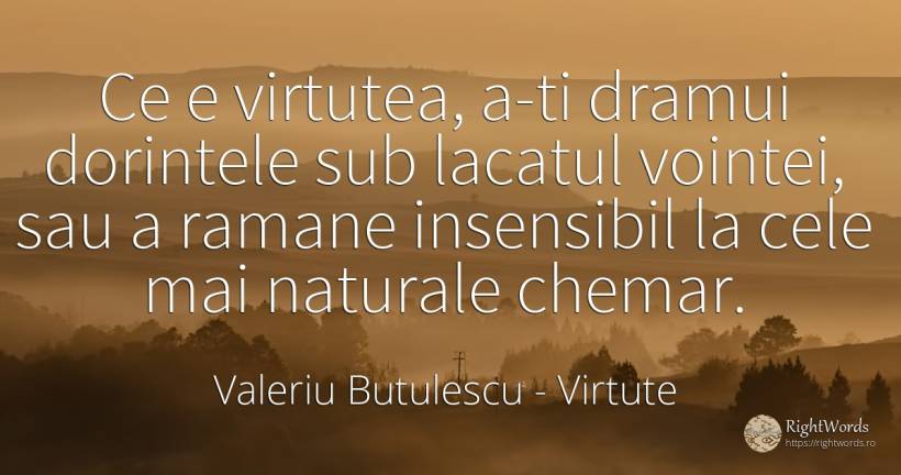 Ce e virtutea, a-ti dramui dorintele sub lacatul vointei, ... - Valeriu Butulescu, citat despre virtute, dorință
