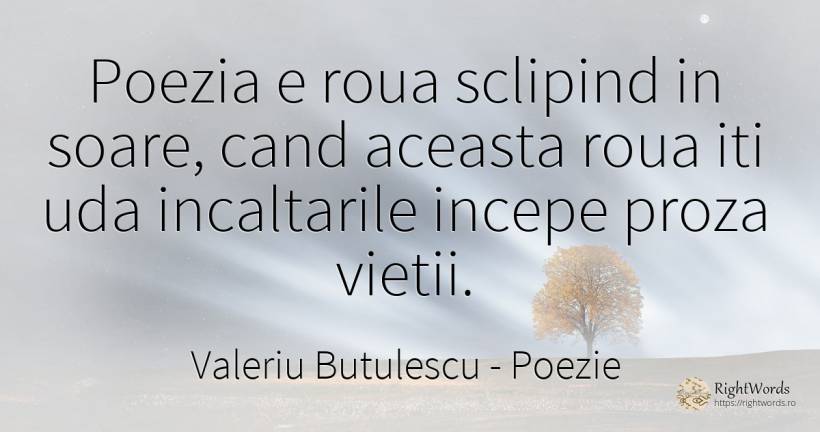 Poezia e roua sclipind in soare, cand aceasta roua iti... - Valeriu Butulescu, citat despre poezie, soare, viață