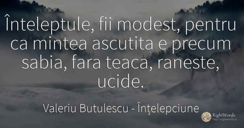 Înteleptule, fii modest, pentru ca mintea ascutita e... - Valeriu Butulescu, citat despre înțelepciune, modestie, minte