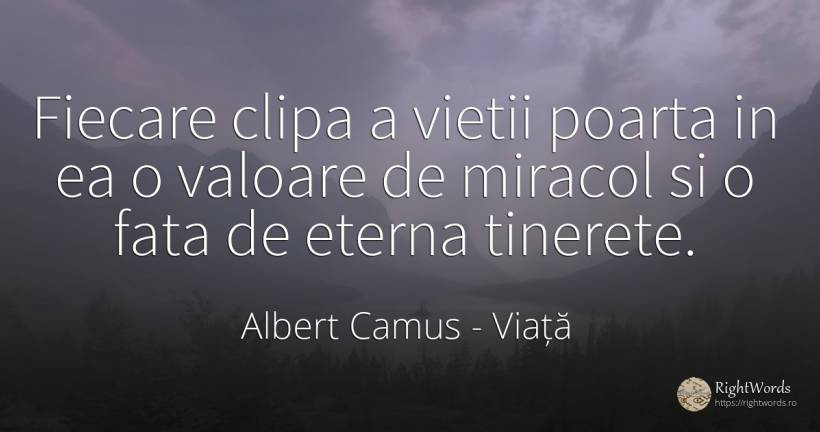 Fiecare clipa a vietii poarta in ea o valoare de miracol... - Albert Camus, citat despre viață, tinerețe, valoare, clipă, față