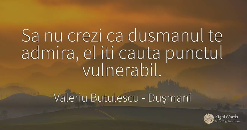 Sa nu crezi ca dusmanul te admira, el iti cauta punctul... - Valeriu Butulescu, citat despre dușmani, vulnerabilitate, admirație, căutare