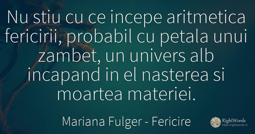 Nu stiu cu ce incepe aritmetica fericirii, probabil cu... - Mariana Fulger, citat despre fericire, naștere, zâmbet, univers, posibilitate, moarte