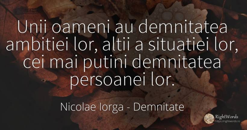 Unii oameni au demnitatea ambitiei lor, altii a situatiei... - Nicolae Iorga, citat despre demnitate, oameni
