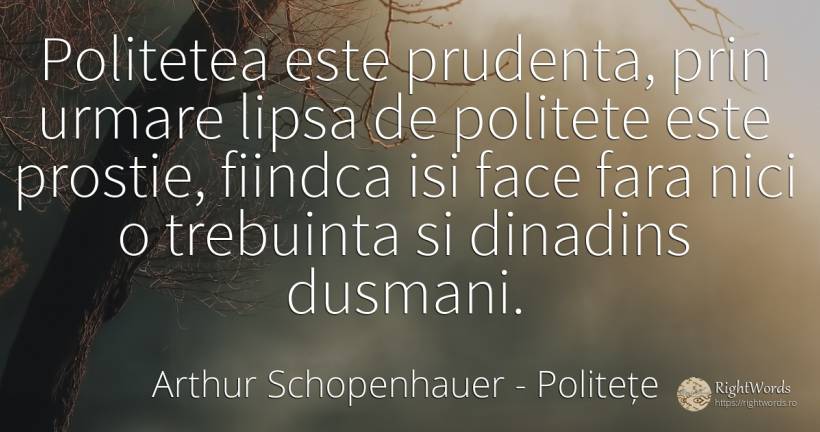 Politetea este prudenta, prin urmare lipsa de politete... - Arthur Schopenhauer, citat despre politețe, prudență, dușmani, consecințe, prostie