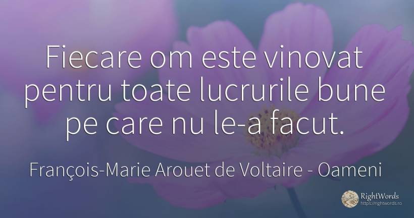Fiecare om este vinovat pentru toate lucrurile bune pe... - François-Marie Arouet de Voltaire, citat despre oameni, vinovăție