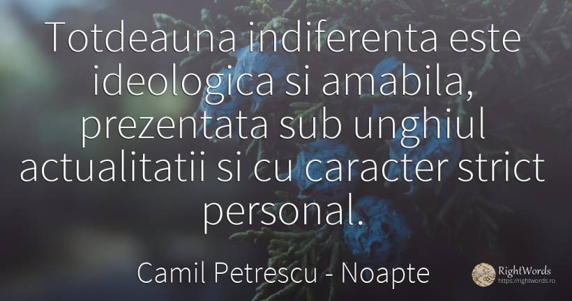 Totdeauna indiferenta este ideologica si amabila, ... - Camil Petrescu, citat despre noapte, indiferență, caracter, război, iubire