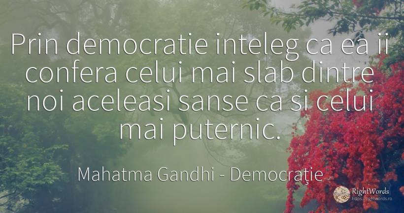 Prin democratie inteleg ca ea ii confera celui mai slab... - Mahatma Gandhi, citat despre democrație, șansă