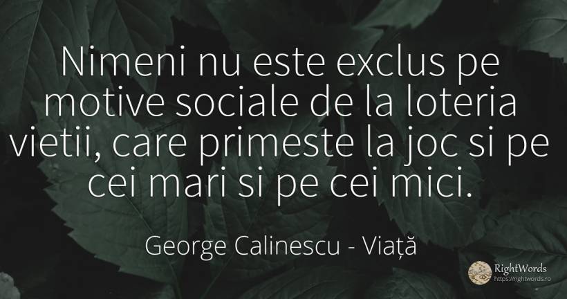 Nimeni nu este exclus pe motive sociale de la loteria... - George Calinescu, citat despre viață, jocuri
