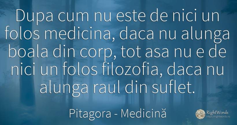 Dupa cum nu este de nici un folos medicina, daca nu... - Pitagora (Pythagore), citat despre medicină, filozofie, corp, boală, rău, suflet