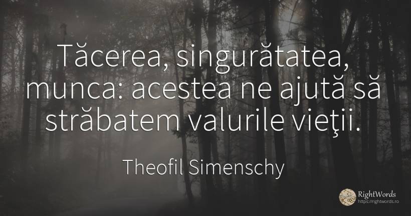 Tăcerea, singurătatea, munca: acestea ne ajută să... - Theofil Simenschy, citat despre viață