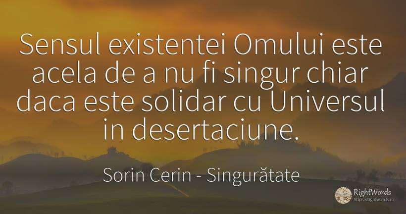 Sensul existentei Omului este acela de a nu fi singur... - Sorin Cerin, citat despre singurătate, univers, sens