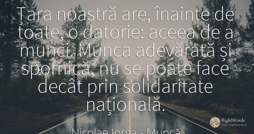 Țara noastră are, înainte de toate, o datorie: aceea de a... - Nicolae Iorga, citat despre muncă, datorie, țară