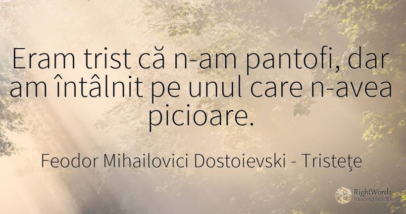 Eram trist că n-am pantofi, dar am întâlnit pe unul care... - Feodor Mihailovici Dostoievski, citat despre tristețe