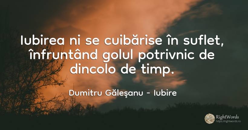 Iubirea ni se cuibărise în suflet, înfruntând golul... - Dumitru Găleşanu, citat despre iubire