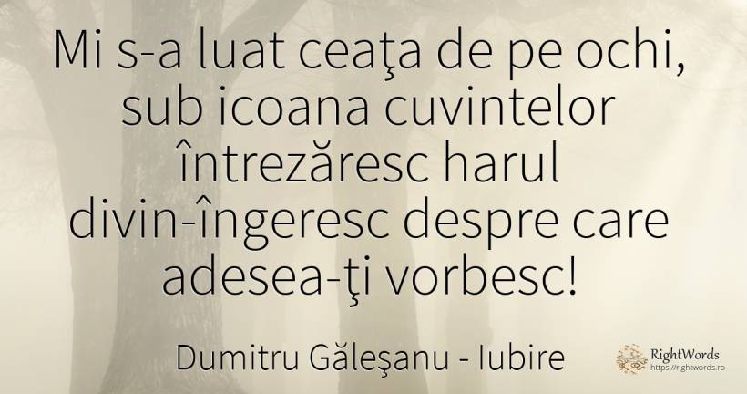 Mi s-a luat ceaţa de pe ochi, sub icoana cuvintelor... - Dumitru Găleşanu, citat despre iubire