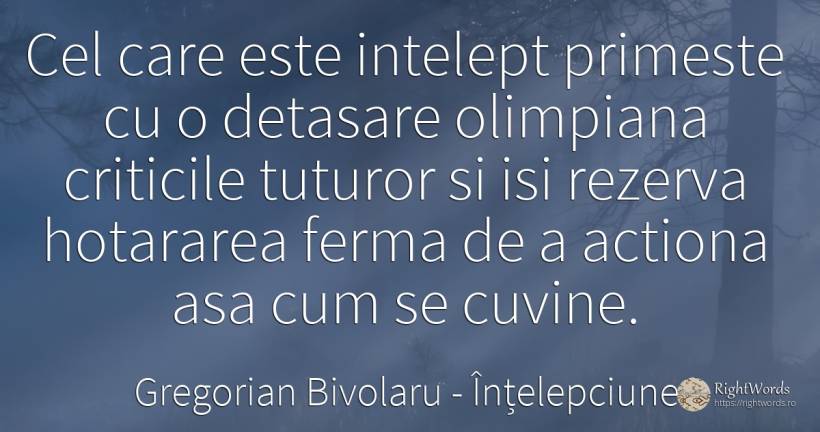 Cel care este intelept primeste cu o detasare olimpiana... - Gregorian Bivolaru, citat despre înțelepciune, critică, cugetare