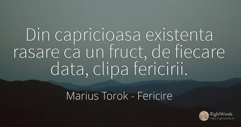 Din capricioasa existenta rasare ca un fruct, de fiecare... - Marius Torok (Darius Domcea), citat despre fericire, existență, clipă