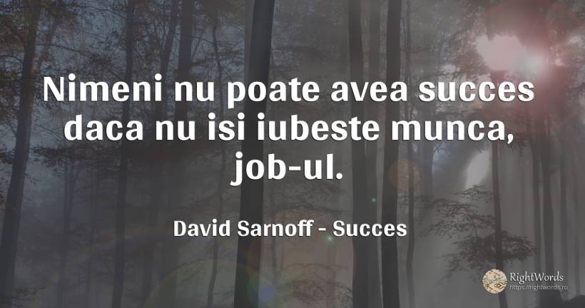 Nimeni nu poate avea succes daca nu isi iubeste munca, ... - David Sarnoff, citat despre succes, iubire, muncă