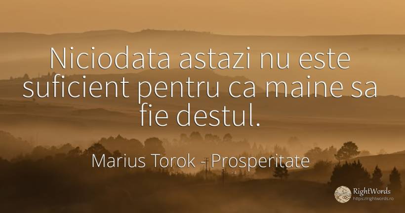 Niciodata astazi nu este suficient pentru ca maine sa fie... - Marius Torok (Darius Domcea), citat despre prosperitate