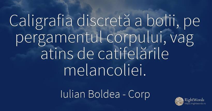 Caligrafia discretă a bolii, pe pergamentul corpului, vag... - Iulian Boldea, citat despre corp