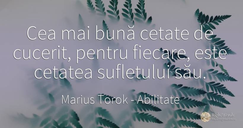 Cea mai bună cetate de cucerit, pentru fiecare, este... - Marius Torok (Darius Domcea), citat despre abilitate, suflet