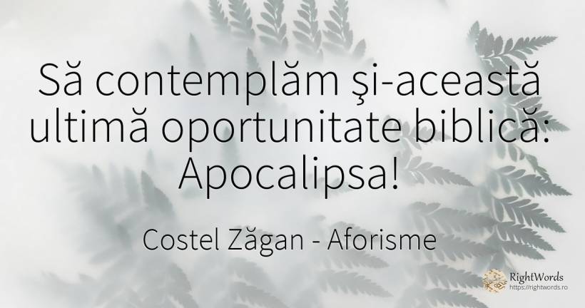 Să contemplăm şi-această ultimă oportunitate biblică:... - Costel Zăgan, citat despre aforisme, apocalipsă, șansă
