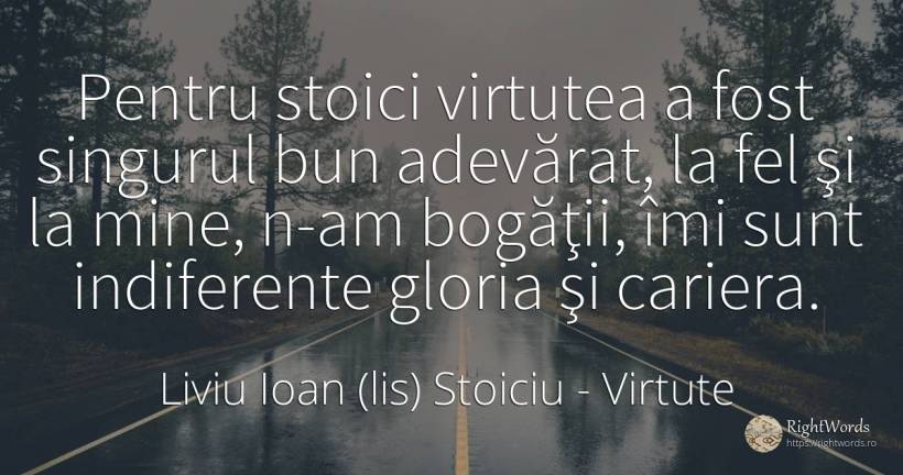 Pentru stoici virtutea a fost singurul bun adevărat, la... - Liviu Ioan (lis) Stoiciu, citat despre virtute, bogăție, carieră, adevăr