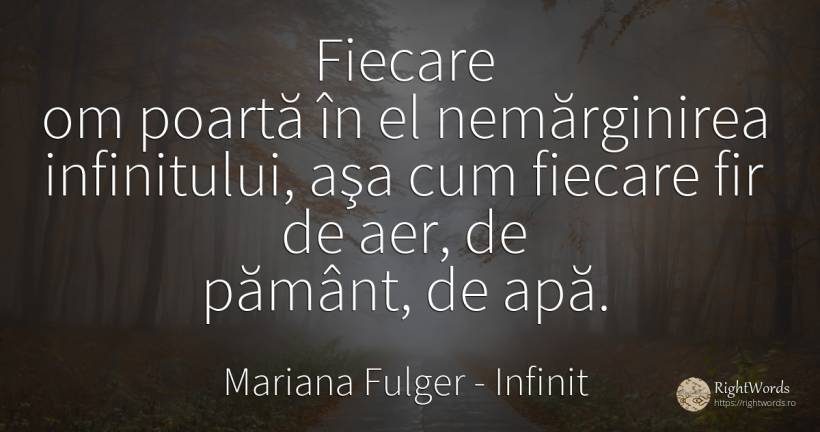 Fiecare om poartă în el nemărginirea infinitului, aşa cum... - Mariana Fulger, citat despre infinit, aer, apă, pământ