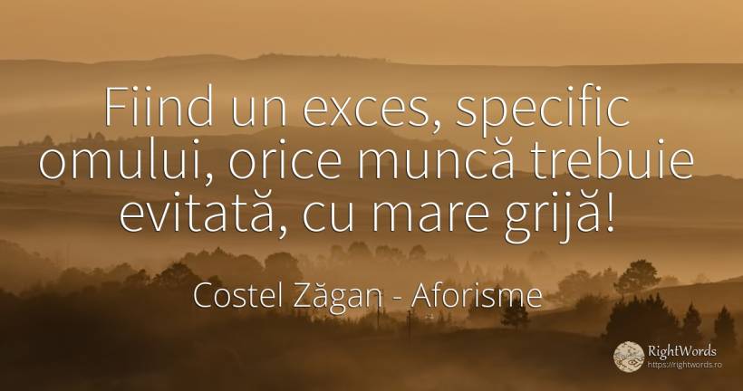 Fiind un exces, specific omului, orice muncă trebuie... - Costel Zăgan, citat despre aforisme, exces, îngrijorare, muncă