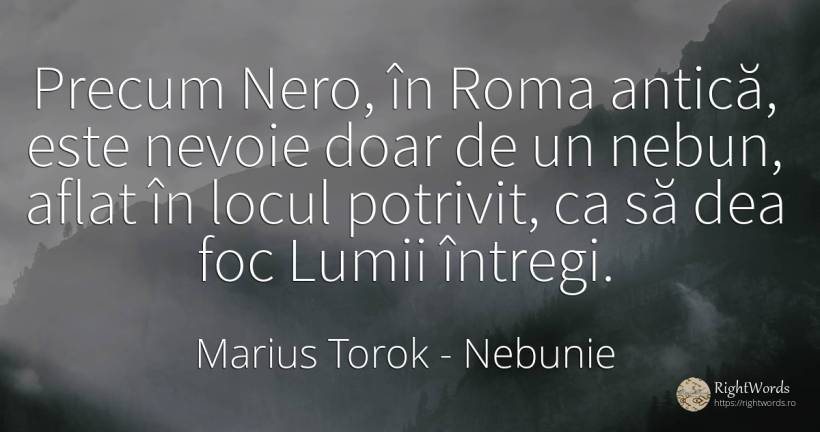 Precum Nero, în Roma antică, este nevoie doar de un... - Marius Torok (Darius Domcea), citat despre nebunie, foc, nevoie