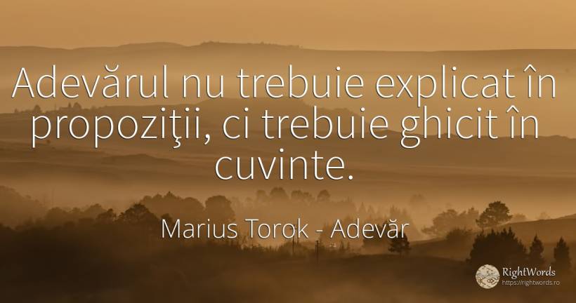 Adevărul nu trebuie explicat în propoziţii, ci trebuie... - Marius Torok (Darius Domcea), citat despre adevăr