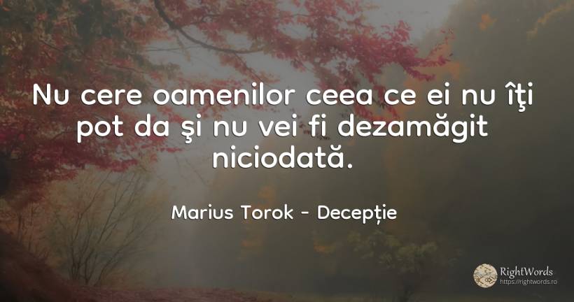 Nu cere oamenilor ceea ce ei nu îţi pot da şi nu vei fi... - Marius Torok (Darius Domcea), citat despre decepție