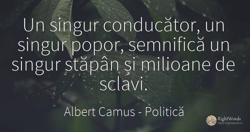 Un singur conducător, un singur popor, semnifică un... - Albert Camus, citat despre politică, sclavie, singurătate