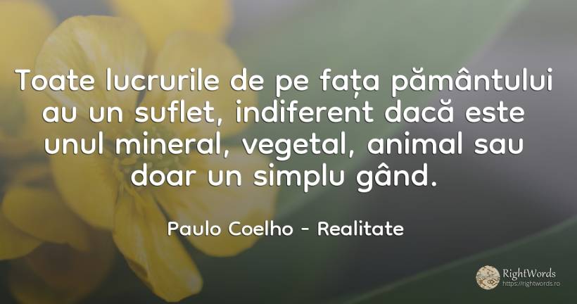 Toate lucrurile de pe fata pamantului au un suflet, ... - Paulo Coelho, citat despre realitate, animale, indiferență, simplitate, suflet, față